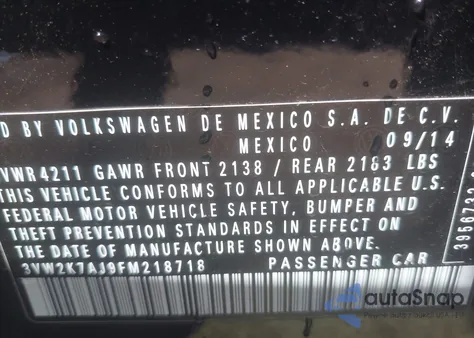 2015 Volkswagen Jetta 2.0L S z USA, uszkodzony, nr VIN 3VW2K7AJ9FM218718